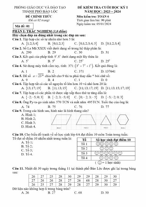 Đề thi Học kì 1 Toán 6 năm 2023-2024 Phòng GD&ĐT Bảo Lộc (Lâm Đồng)